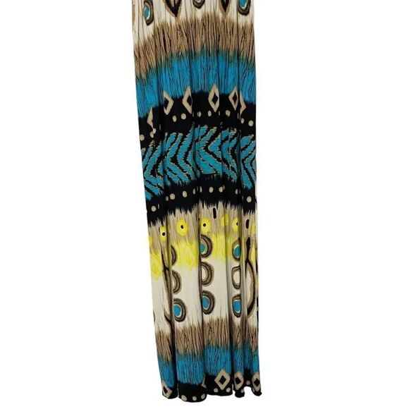 Peacock Stretchy V Neck Floor Length Maxi Dress Blue and Yellow Medium - Picture 3 of 5